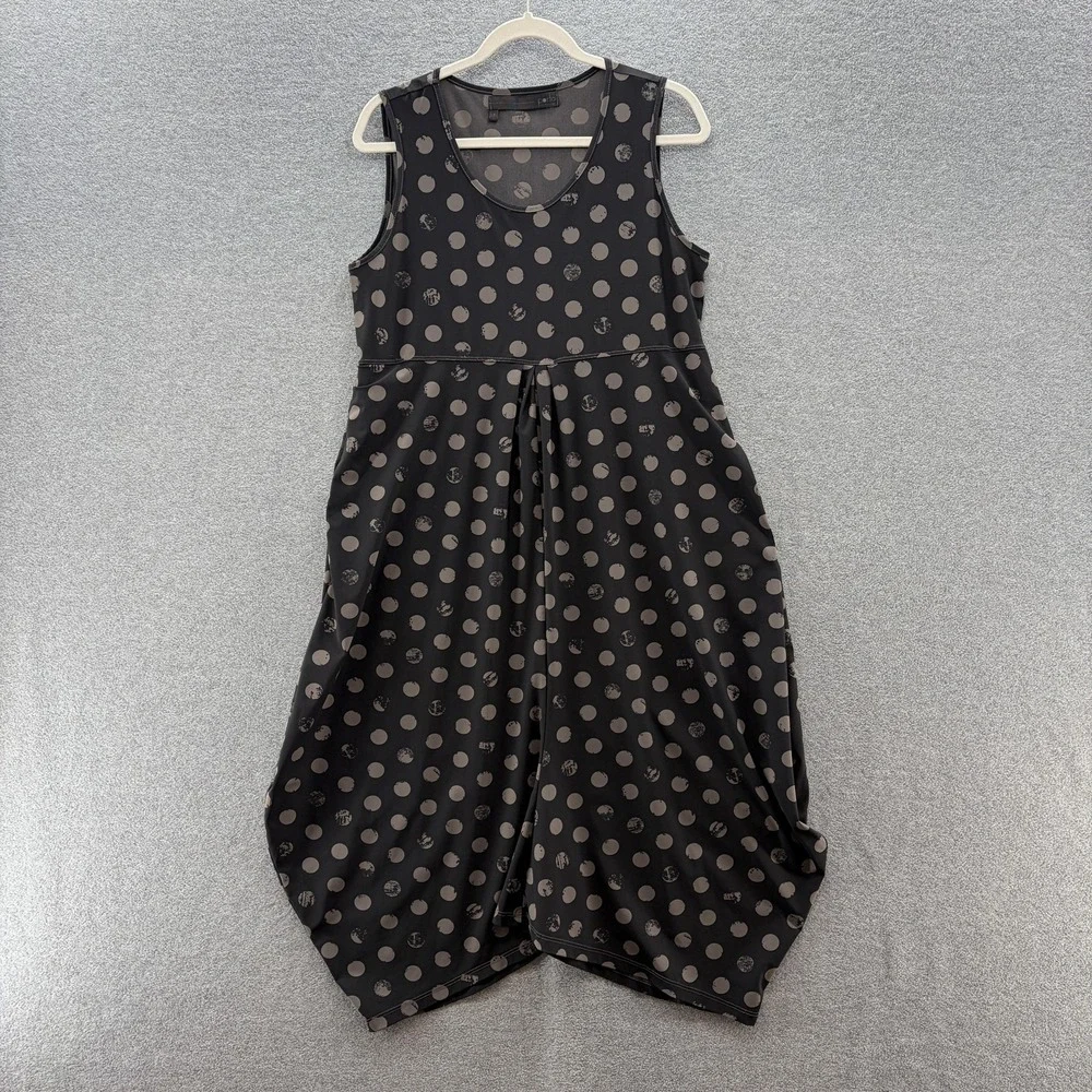 Porto San Francisco Dress Large Black Polka Dot Lagenlook Jersey Relaxed Pockets